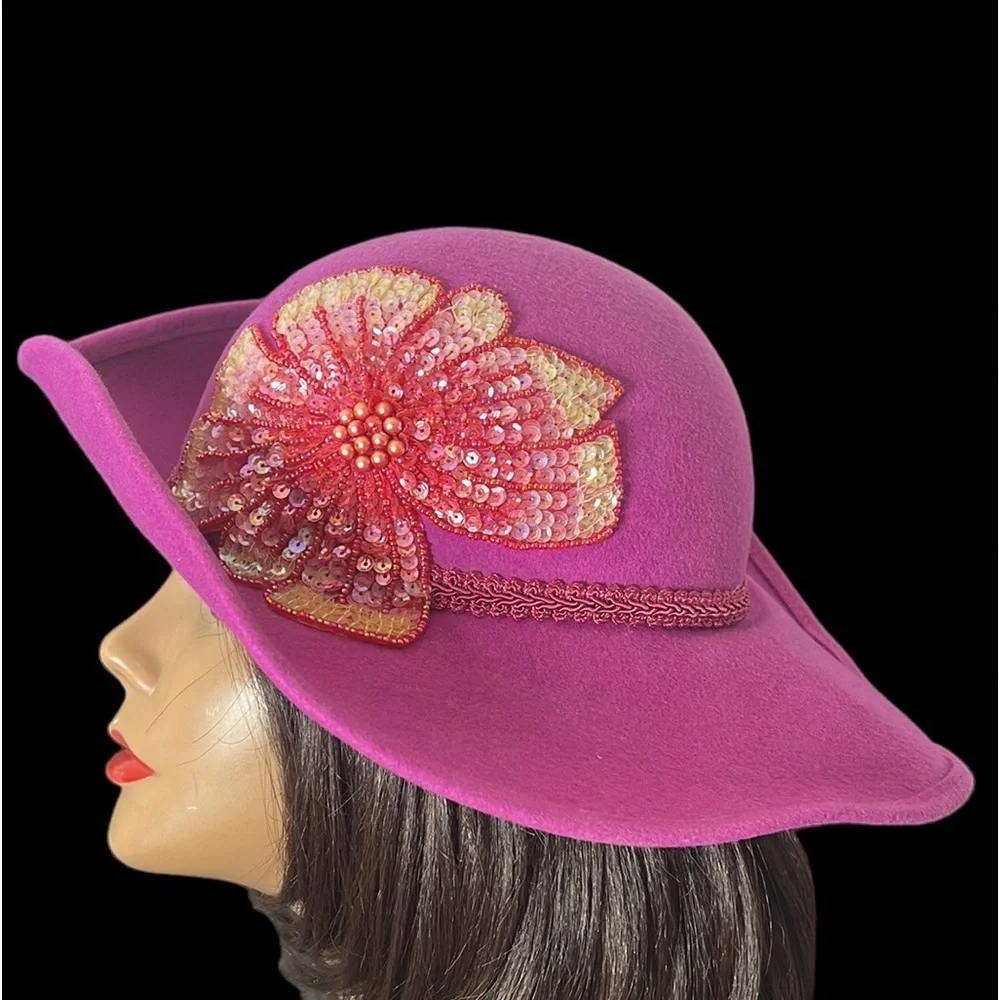 Vintage Fushia Wool Hat with Flower - Picture 9 of 16